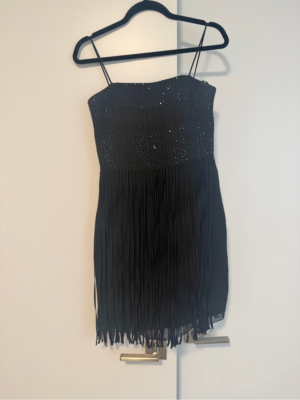 le chateau Black Beaded Strapless Fringe Mini Dress